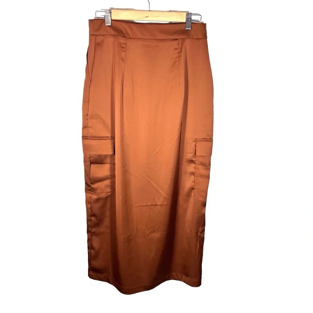 House of Harlow Rust satin cargo midi skirt boho hippie 70s festival vibe